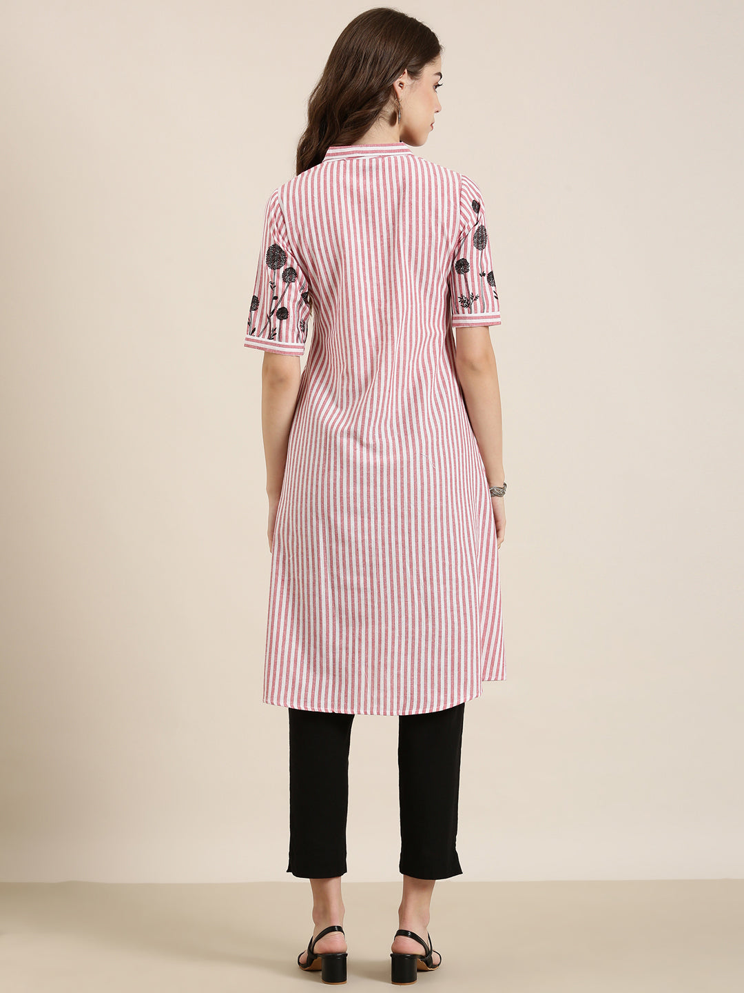 Women's Red Shirt Collar Striped Cotton A-Line Kurta