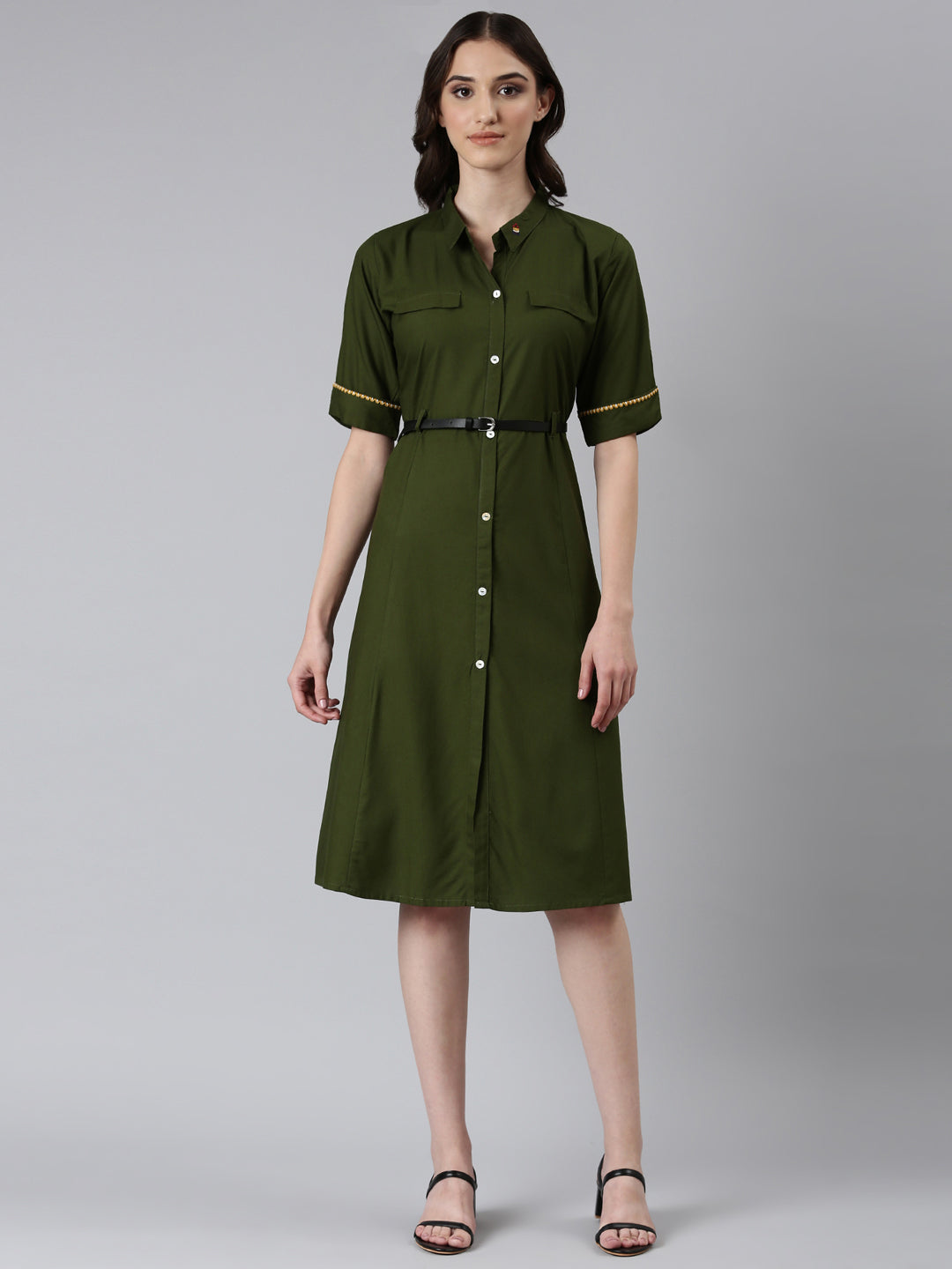 Women's Olive Shirt Collar Short Sleeves Belted Shirt Dress