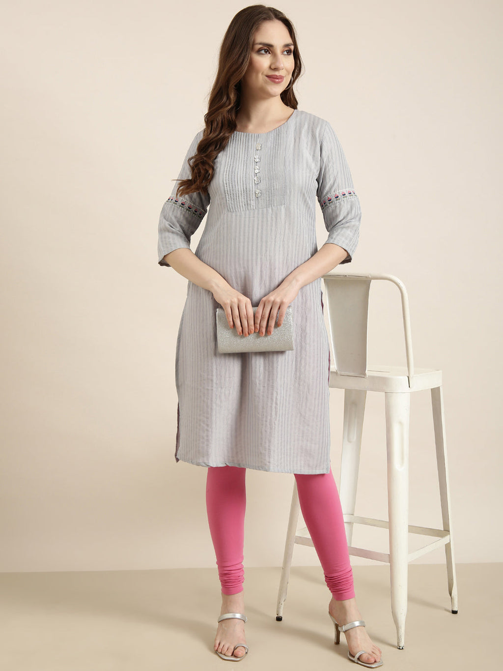 Women's Straight Grey Striped Kurta