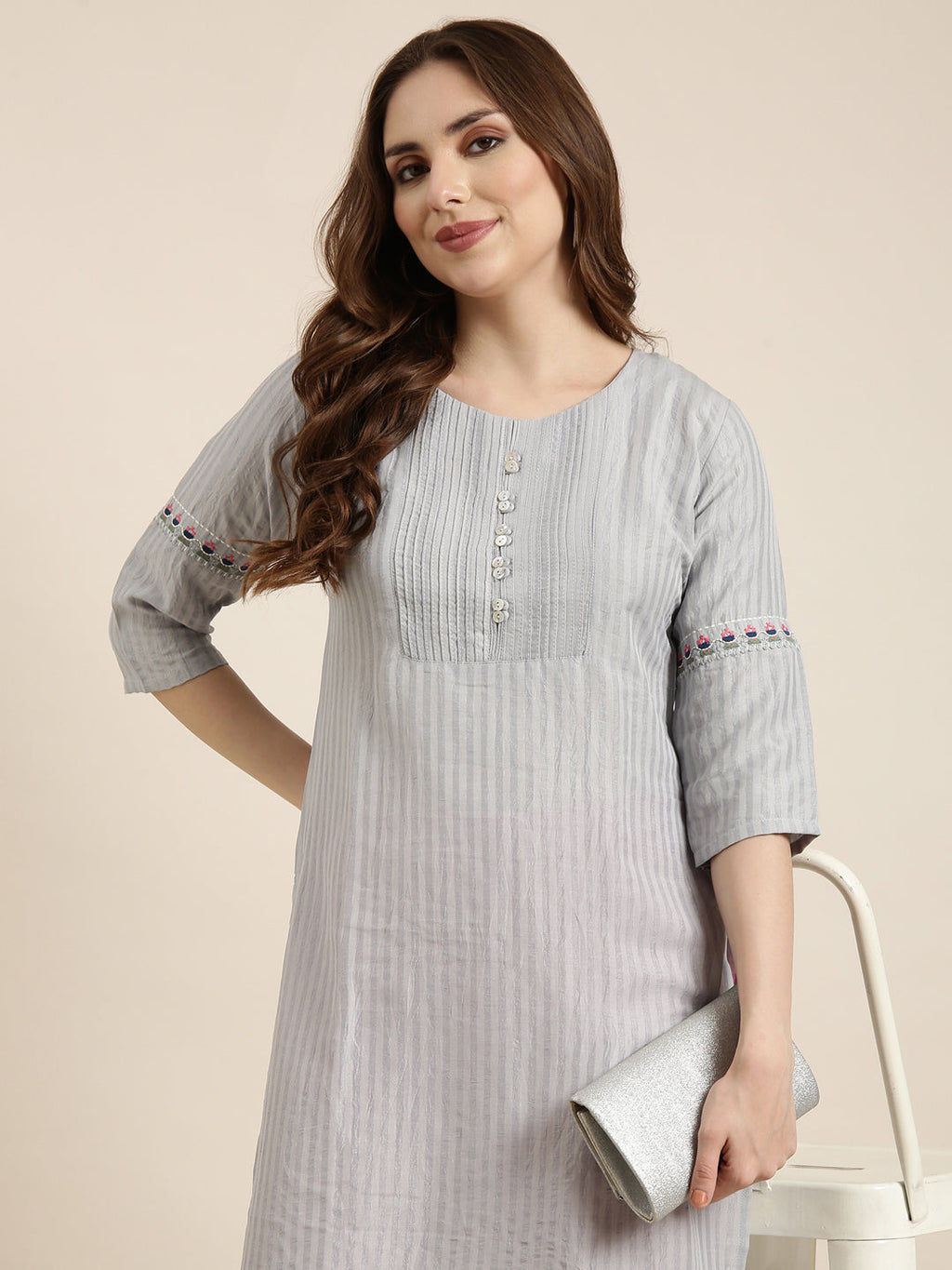 Women's Straight Grey Striped Kurta