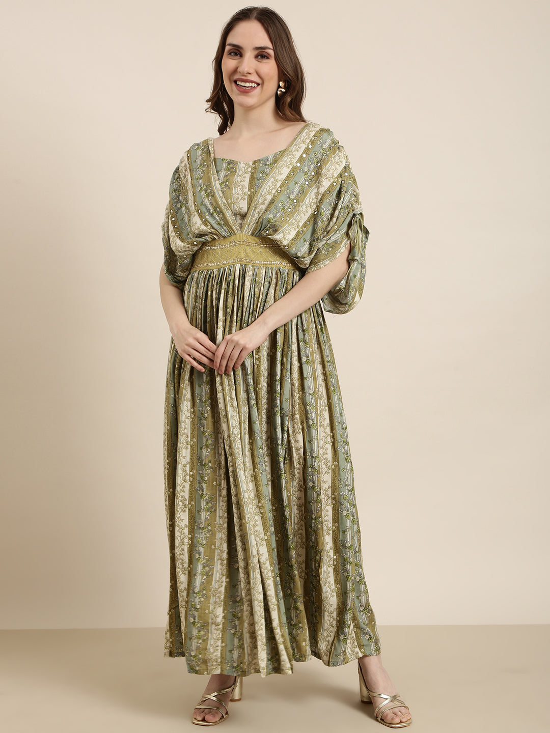 Women's Green Floral Print Cape Sleeve Fit & Flare Dress