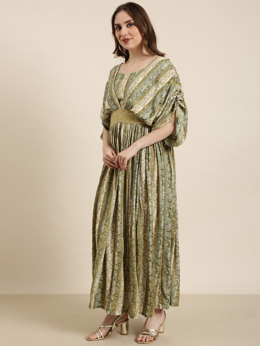 Women's Green Floral Print Cape Sleeve Fit & Flare Dress