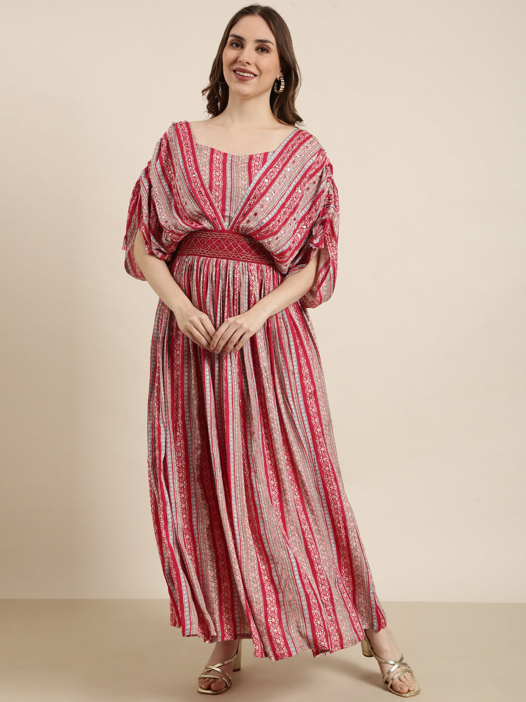 Women's Pink Floral Print Fit & Flare Cotton Maxi Dress