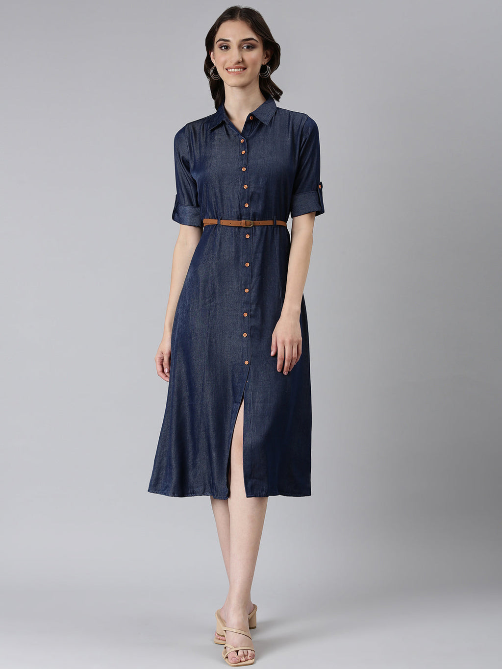 Women's Navy Blue Shirt Collar Roll-Up Sleeves Shirt Dress With Belt