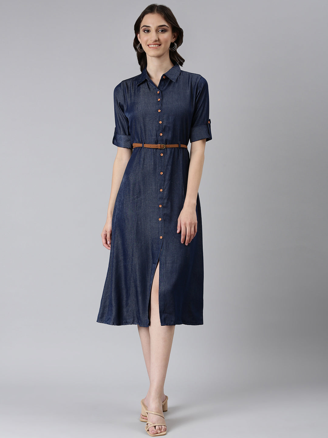 Women's Navy Blue Shirt Collar Roll-Up Sleeves Shirt Dress With Belt