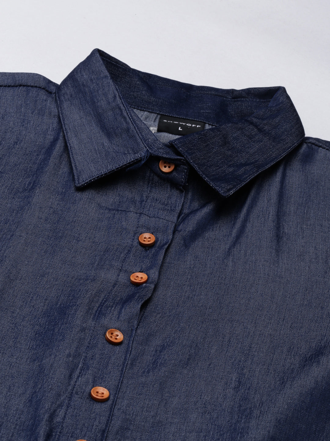 Women's Navy Blue Shirt Collar Roll-Up Sleeves Shirt Dress With Belt