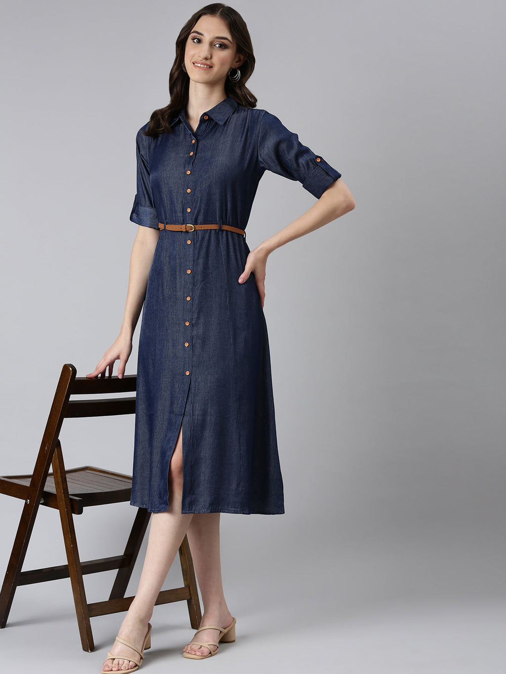 Women's Navy Blue Shirt Collar Roll-Up Sleeves Shirt Dress With Belt