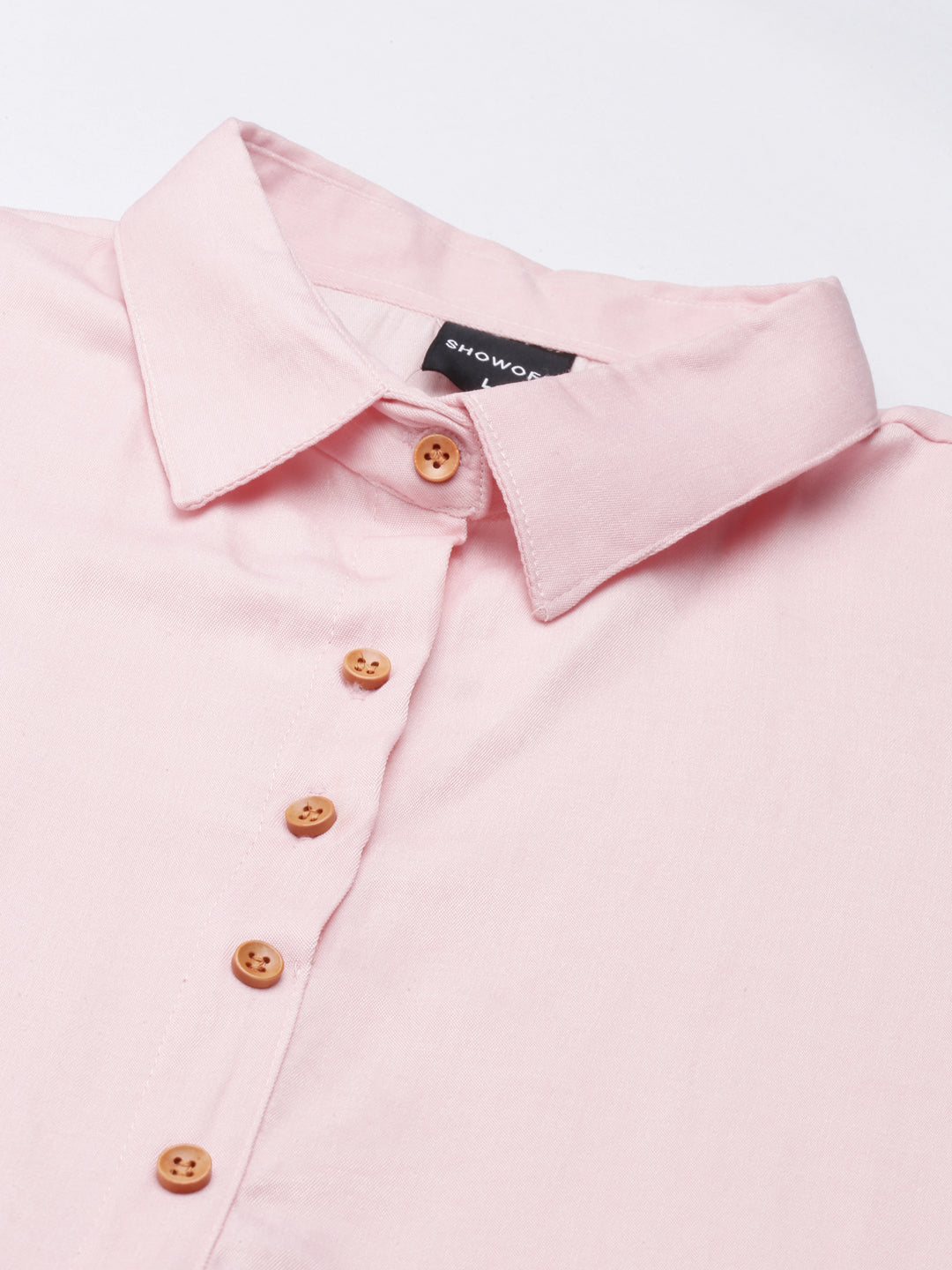 Women's Pink Shirt Collar Roll-Up Sleeves Belted Shirt Dress