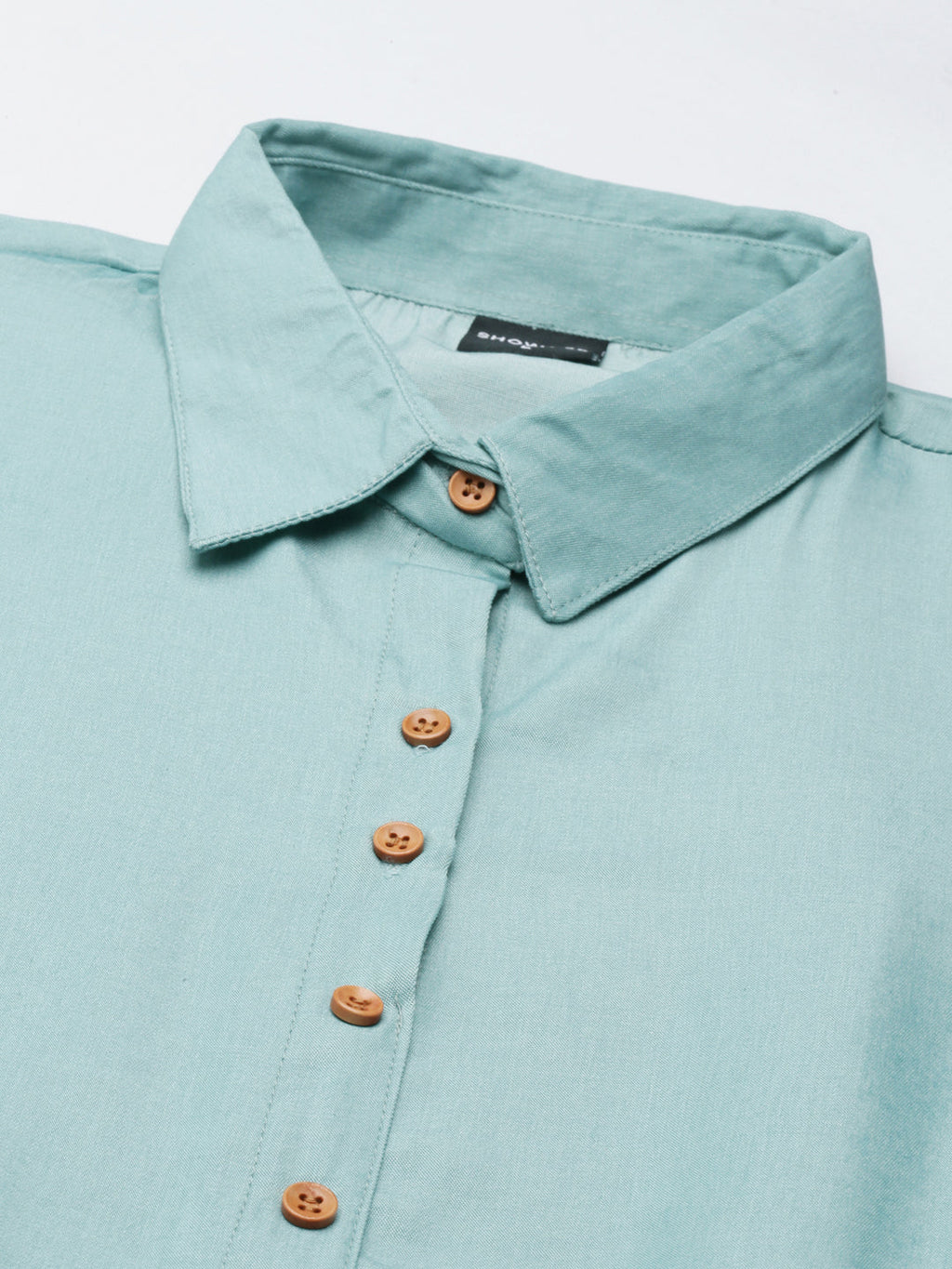 Women's Sea Green Shirt Collar Roll-Up Sleeves Belted Shirt Dress