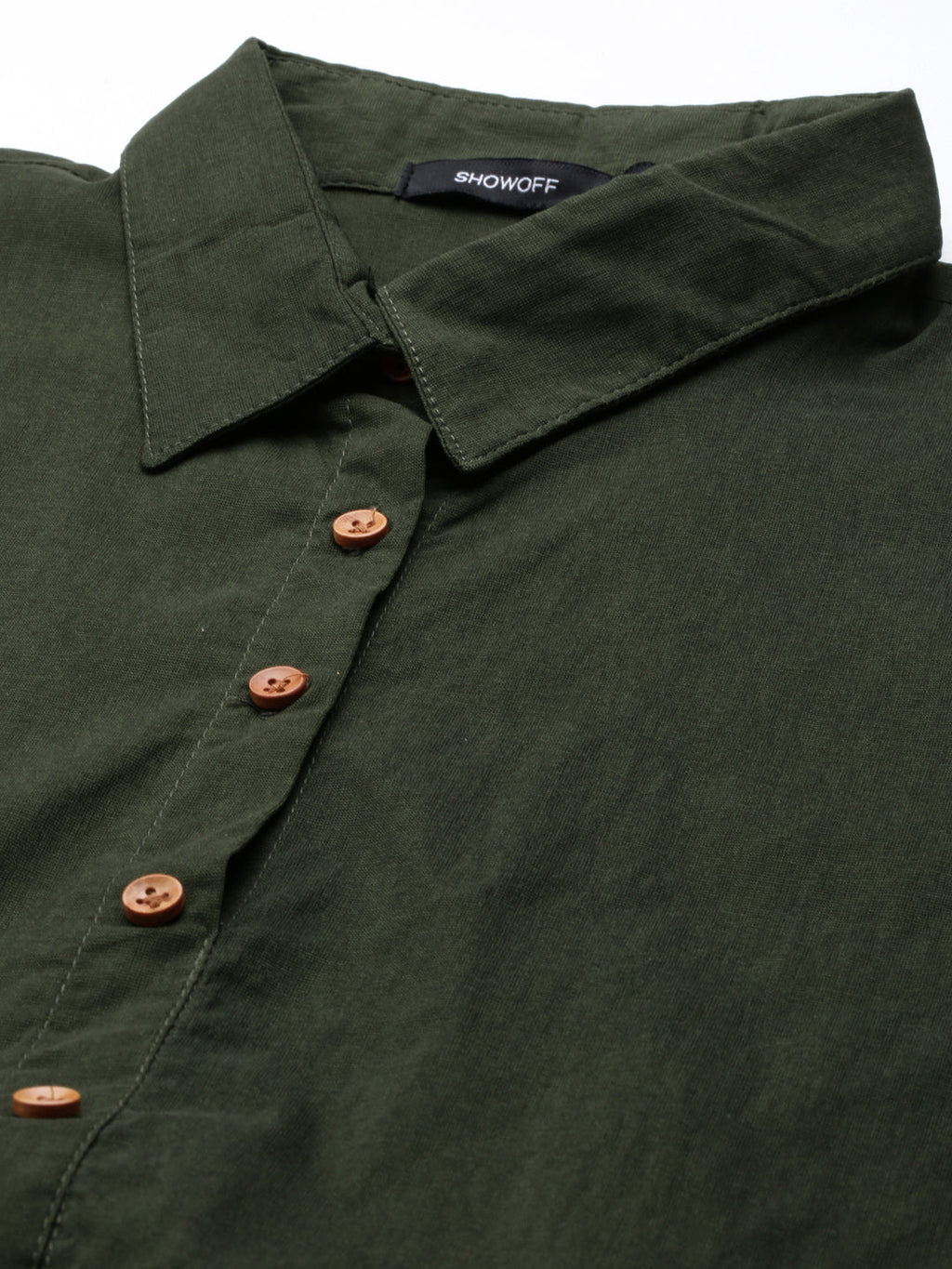 Women's Olive Belted Detail Cotton A-Line Kurta