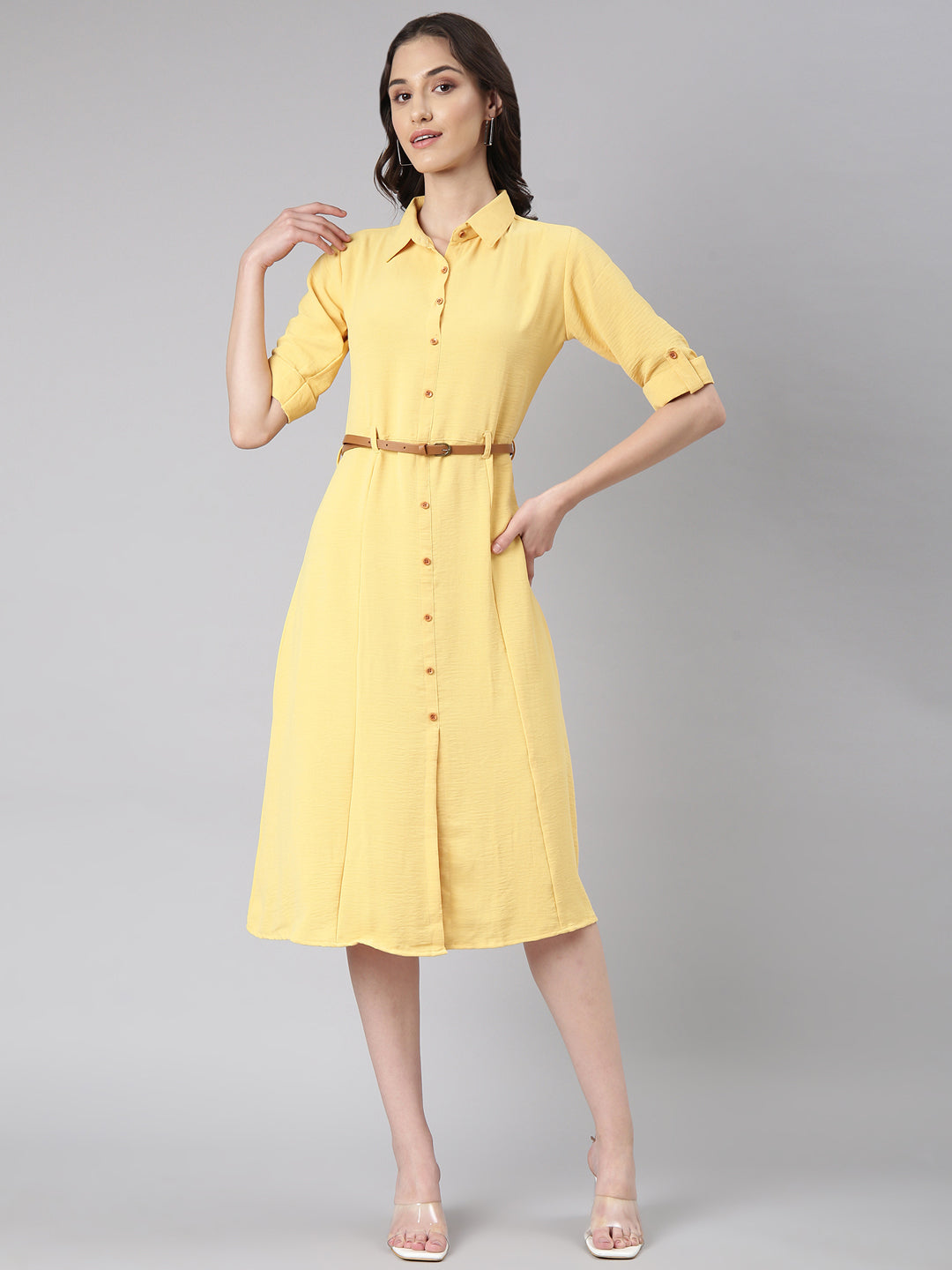 Women's Yellow Shirt Collar Roll-Up Sleeves Shirt Dress With Belted