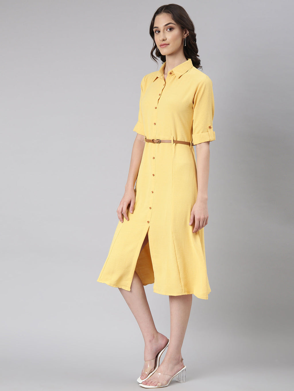 Women's Yellow Shirt Collar Roll-Up Sleeves Shirt Dress With Belted
