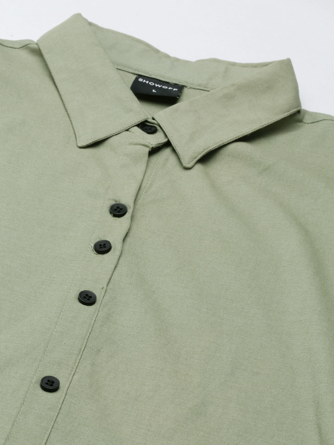 Women's Green Shirt Collar Roll-Up Sleeves Belted A-Line Dress