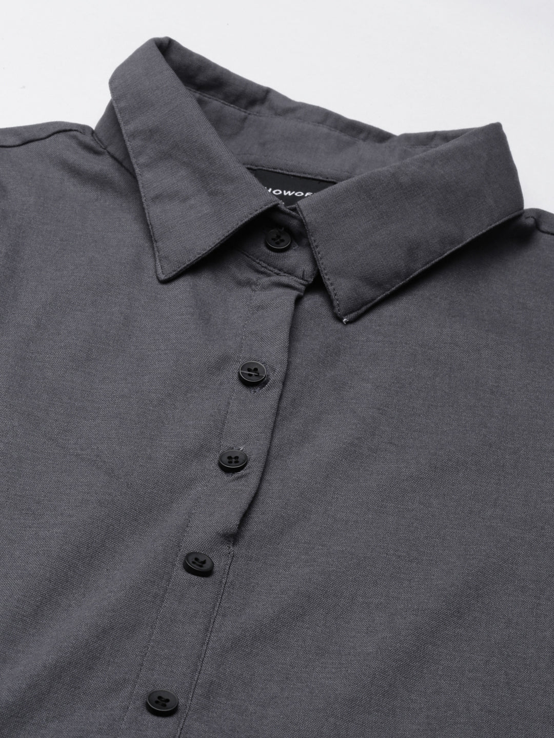 Women's Grey Shirt Collar Roll-Up Sleeves Cotton Shirt Style Dress