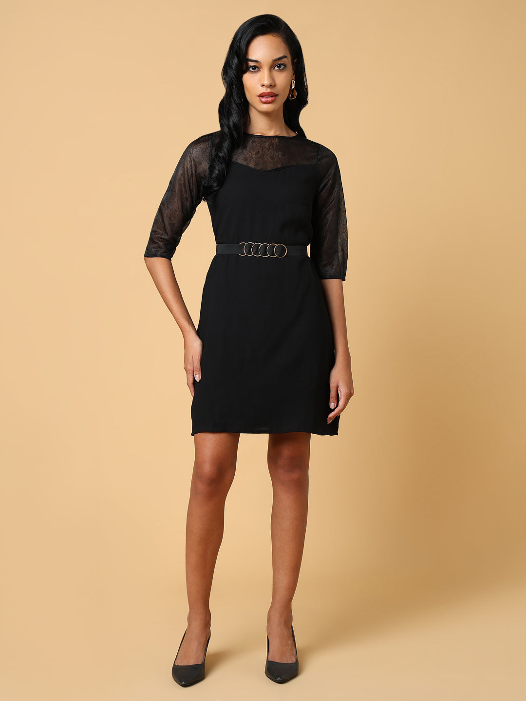 Women's Black Three-Quarter Sleeves Fit & Flare Dress