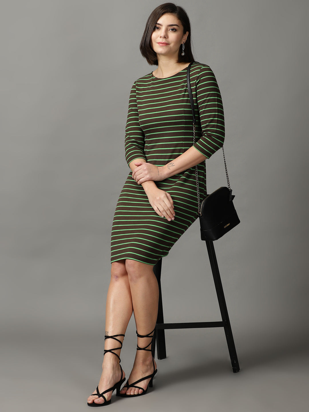 Women's Brown Striped Acrylic Sheath Dress