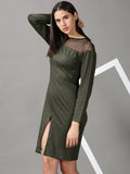 Women's Olive Solid Fit & Flare Dress