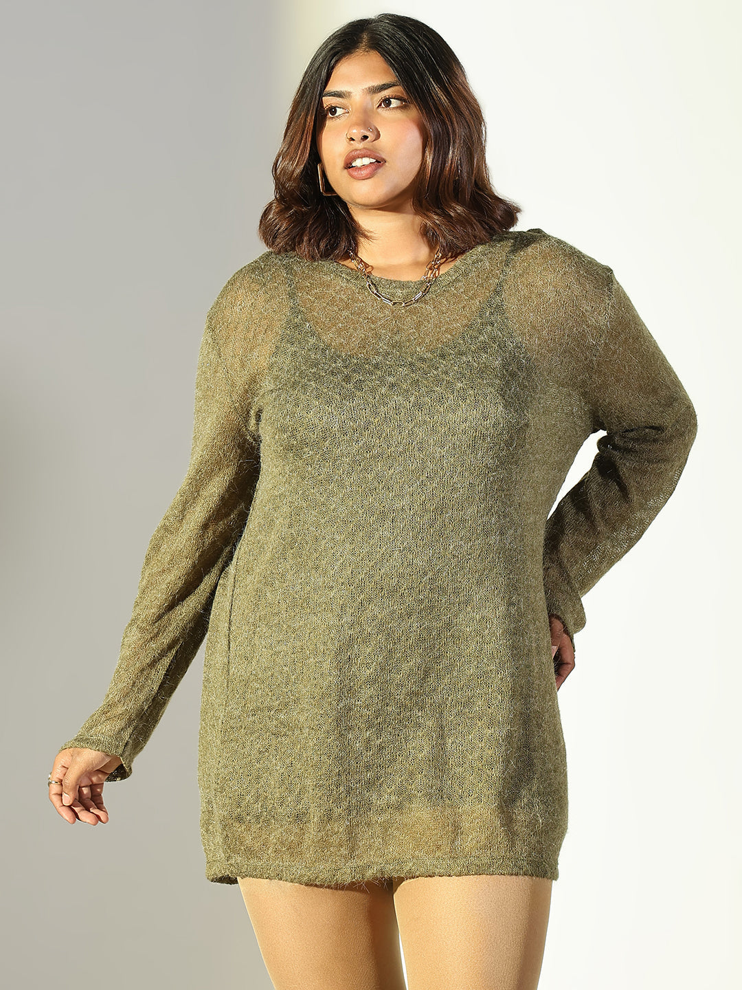 Women's Olive Round Neck Sheath Mini Dress