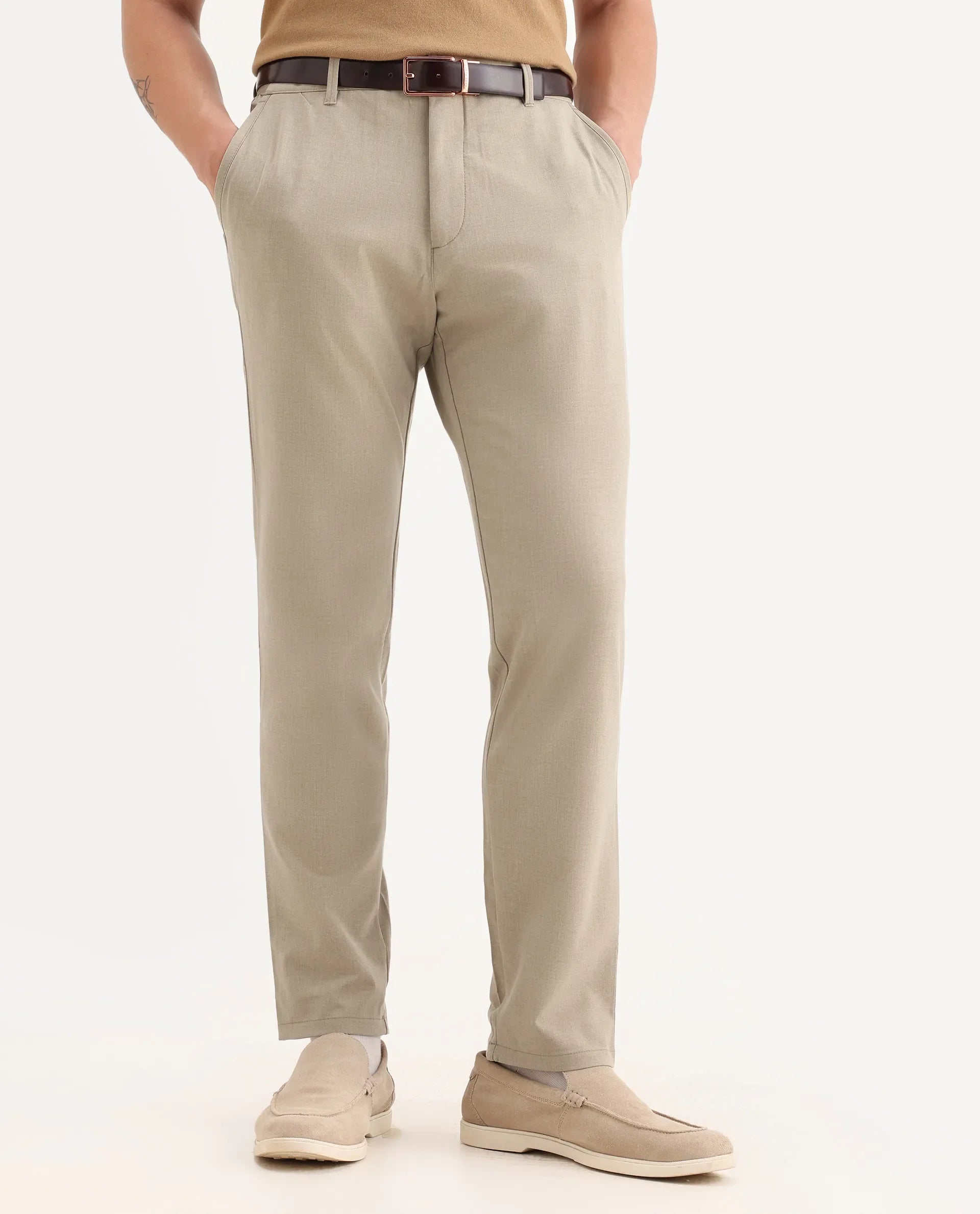 Rare Rabbit Men's Driver-2 Khaki Polyester Blend Plain Regular Fit Trouser