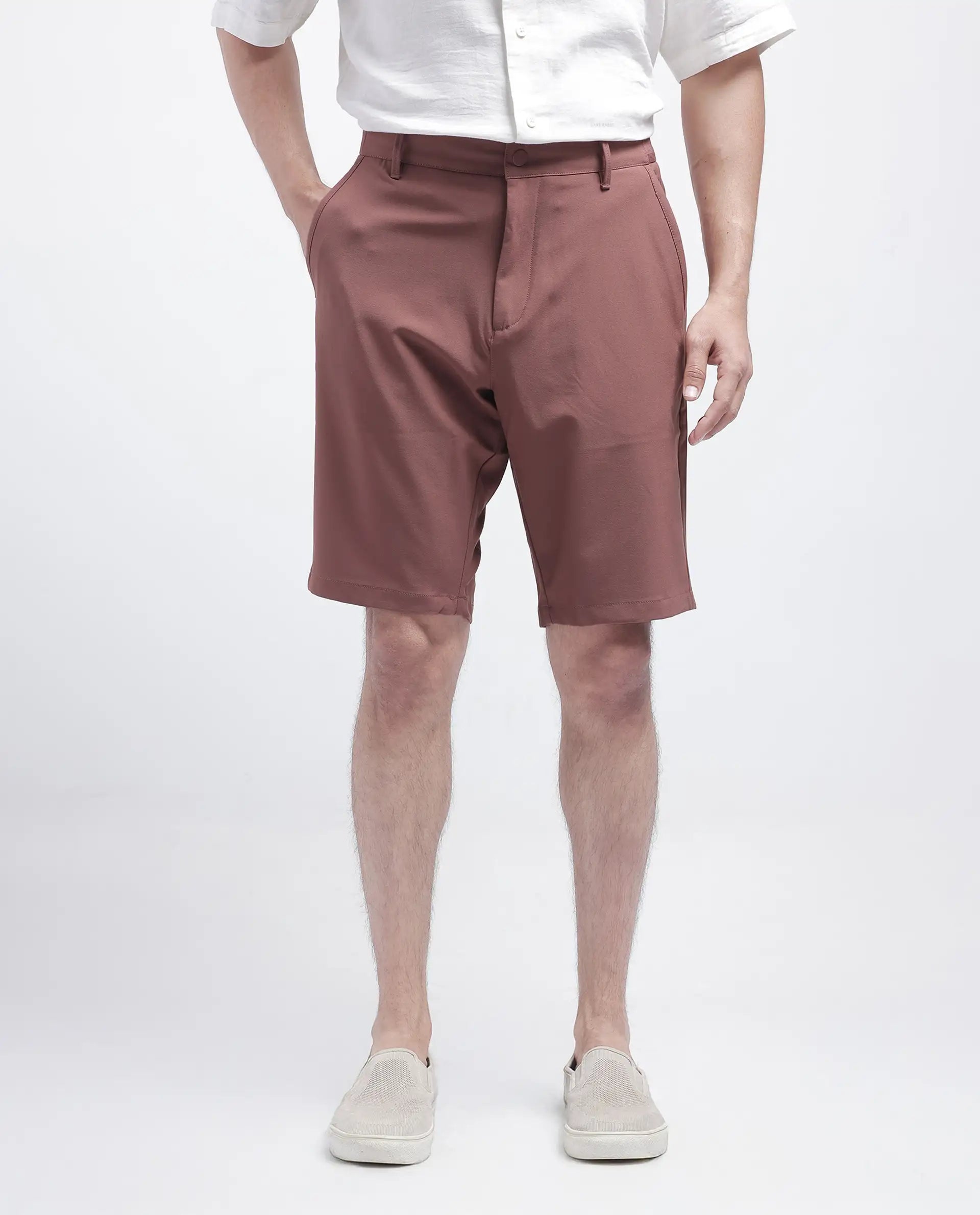Rare Rabbit Men's Drivo Dusky Rust Cotton Blend Plain Regular Fit Shorts
