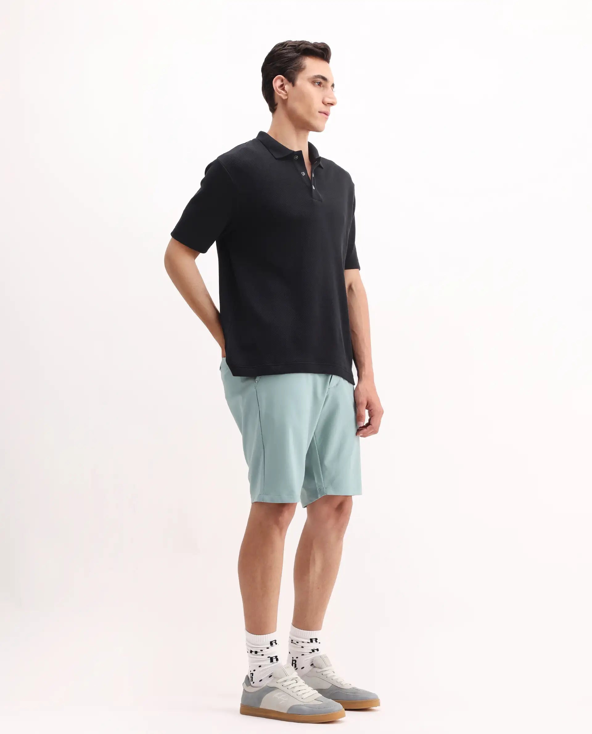 Rare Rabbit Men's Drivo Pastel Green Cotton Blend Plain Regular Fit Shorts