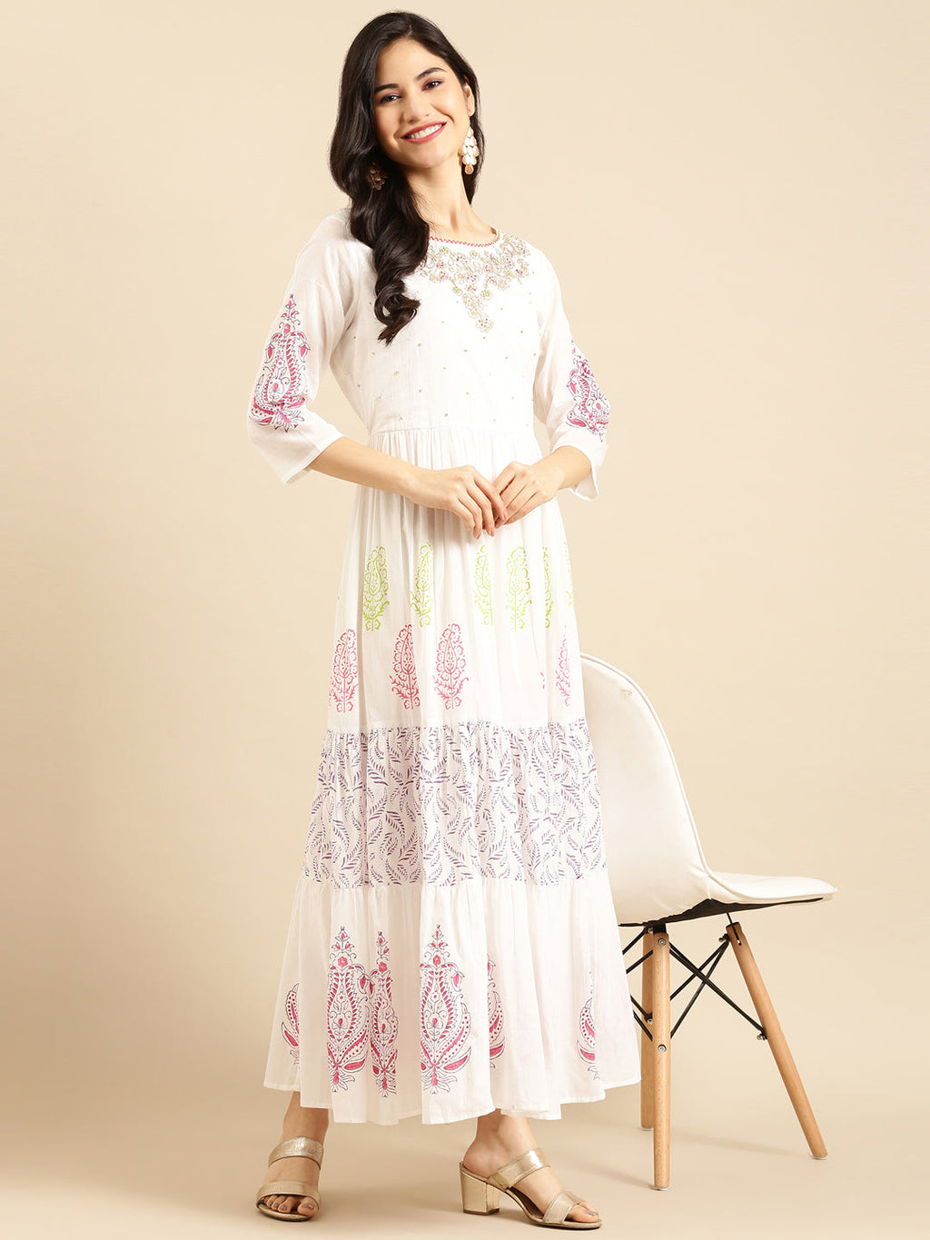 Women's White Ethnic Motifs Printed Anarkali Kurta