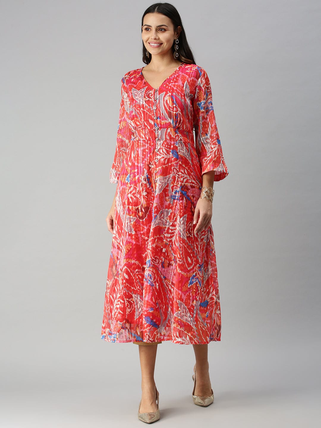 Women's V-Neck Printed Red A-Line Kurta