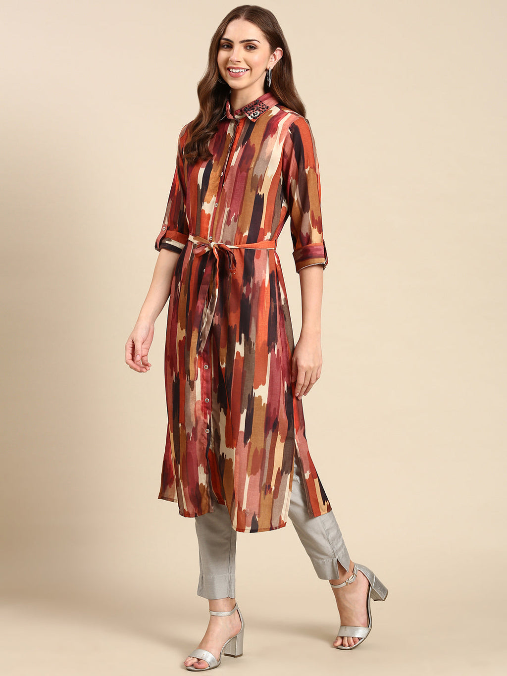 Women's Multi Shirt Collar Abstract Printed Bead Work Straight Kurta