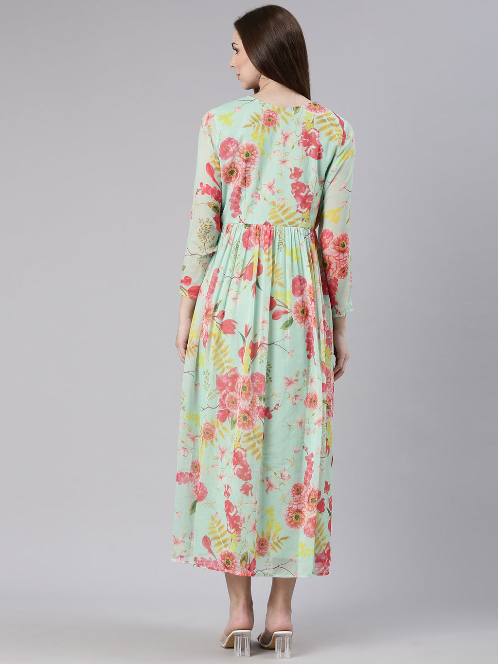 Women's Sea Green Floral Printed V-Neck Empire Kurta