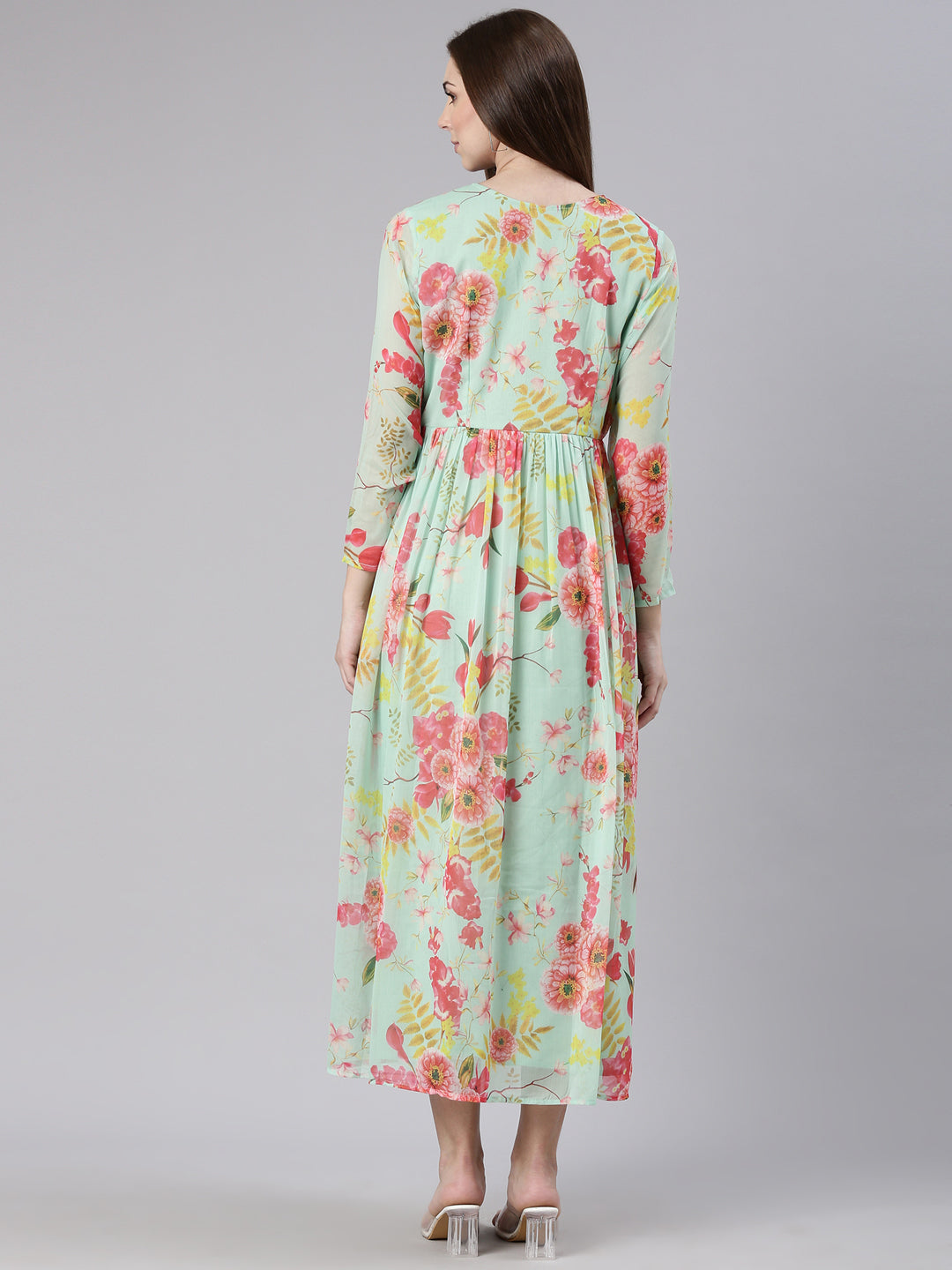 Women's Sea Green Floral Printed V-Neck Empire Kurta