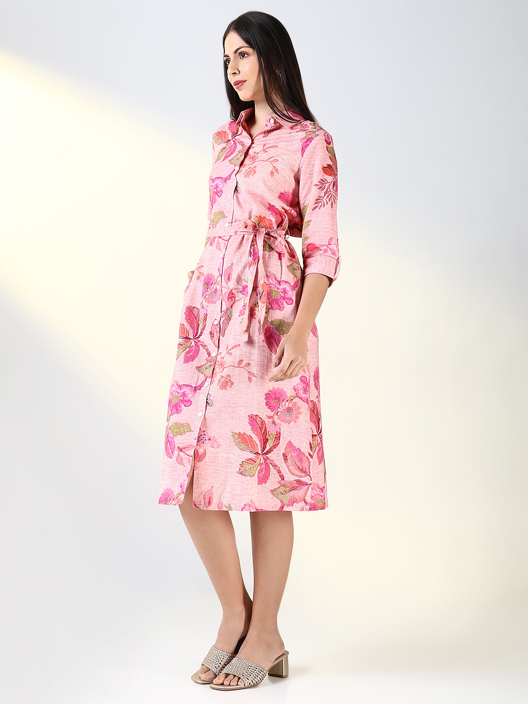 Women's Pink Floral A Line Dress with Belt