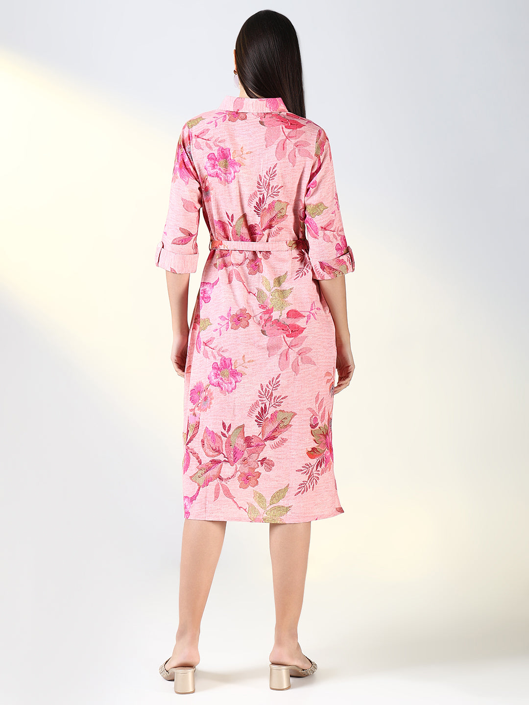 Women's Pink Floral A Line Dress with Belt