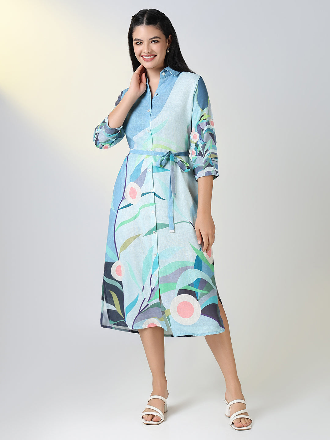 Women's Blue Floral Print Shirt Dress with Belt