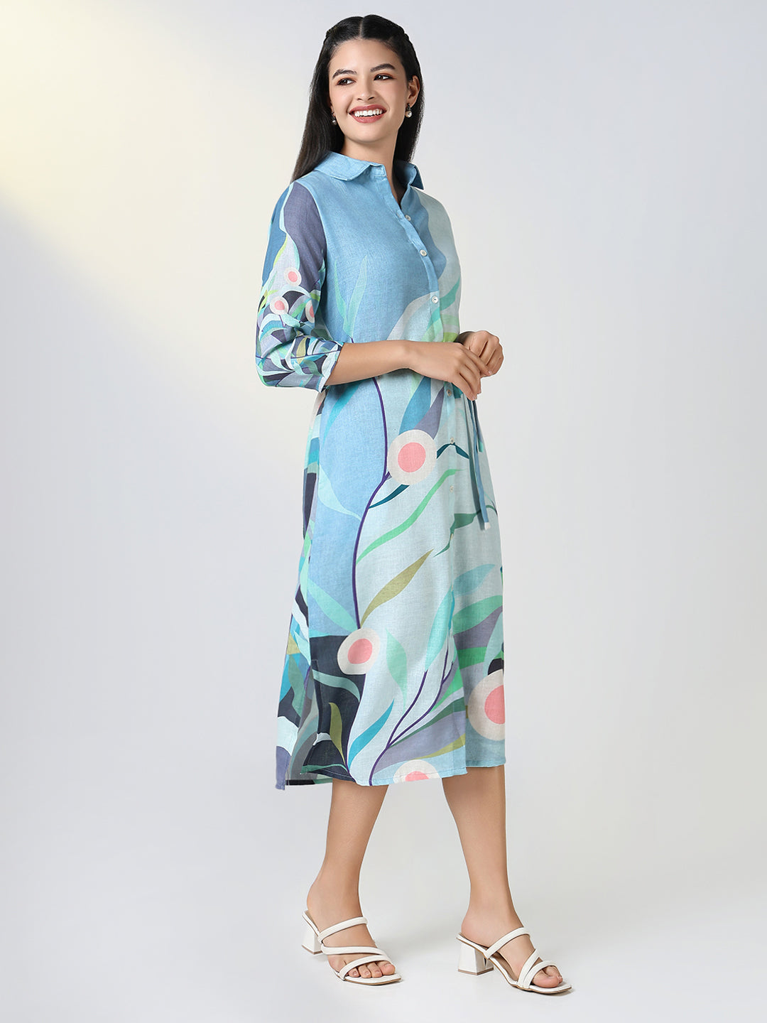 Women's Blue Floral Print Shirt Dress with Belt