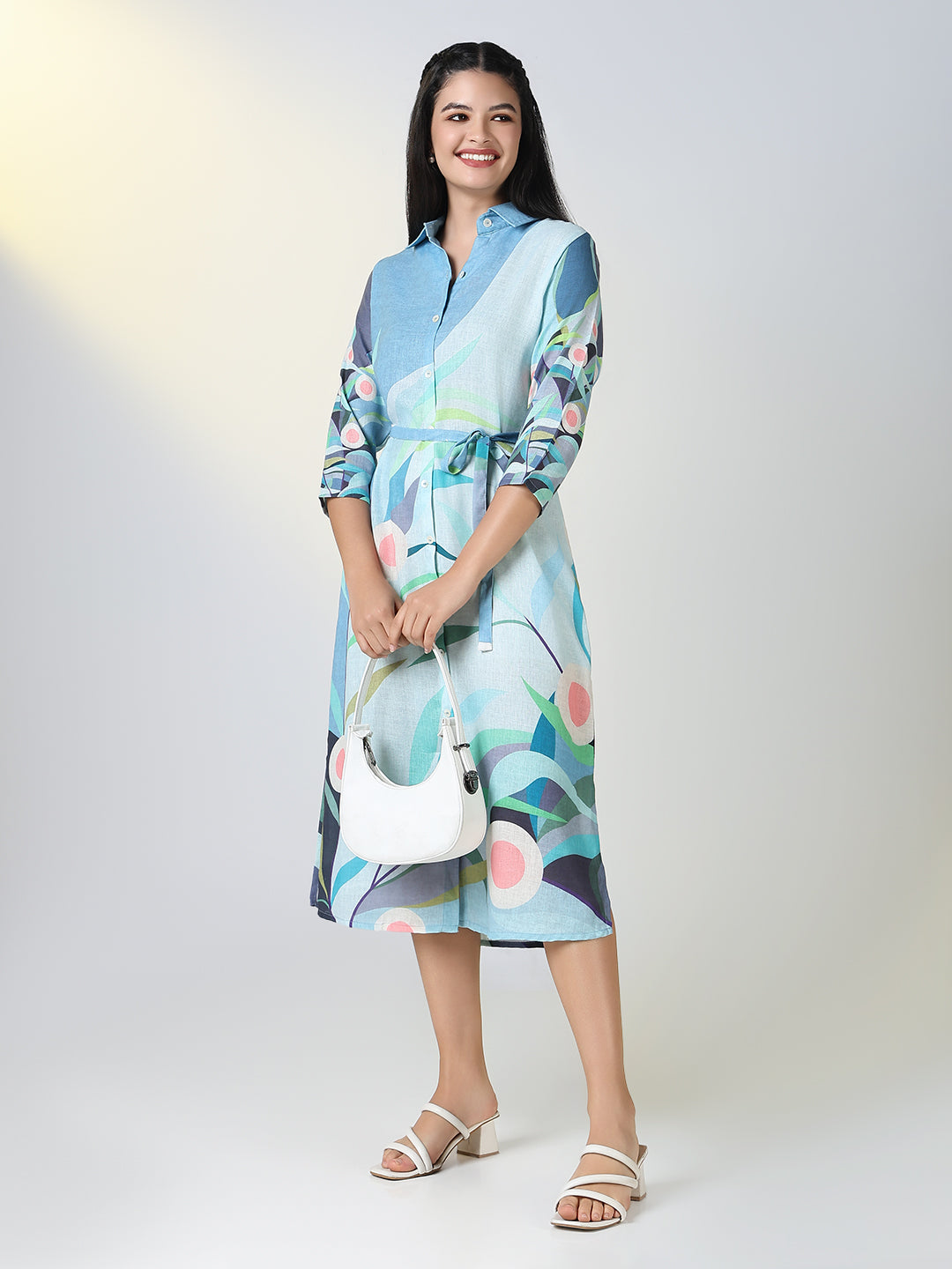 Women's Blue Floral Print Shirt Dress with Belt