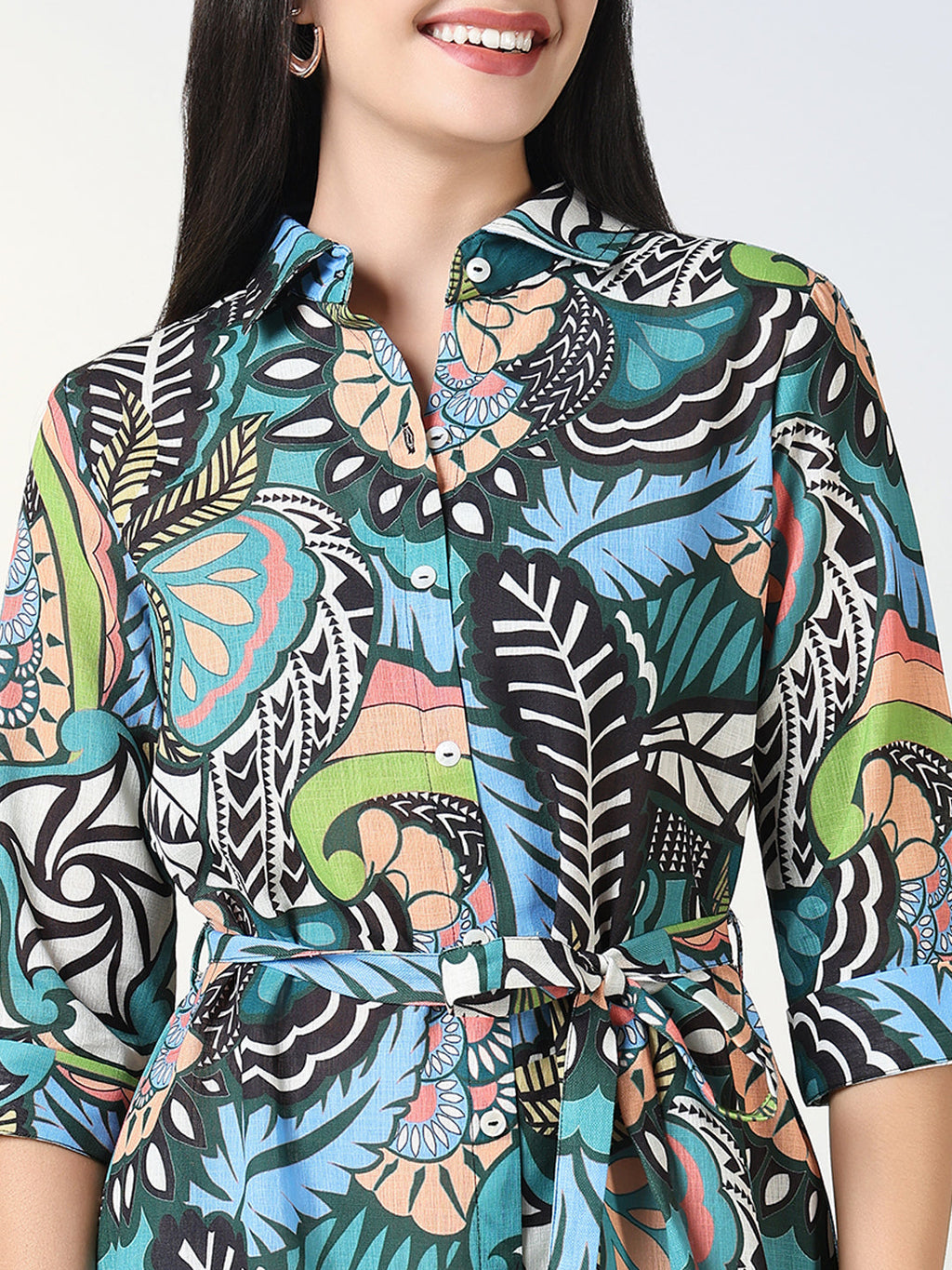 Women's Green Nature Motif Shirt Dress with Belt