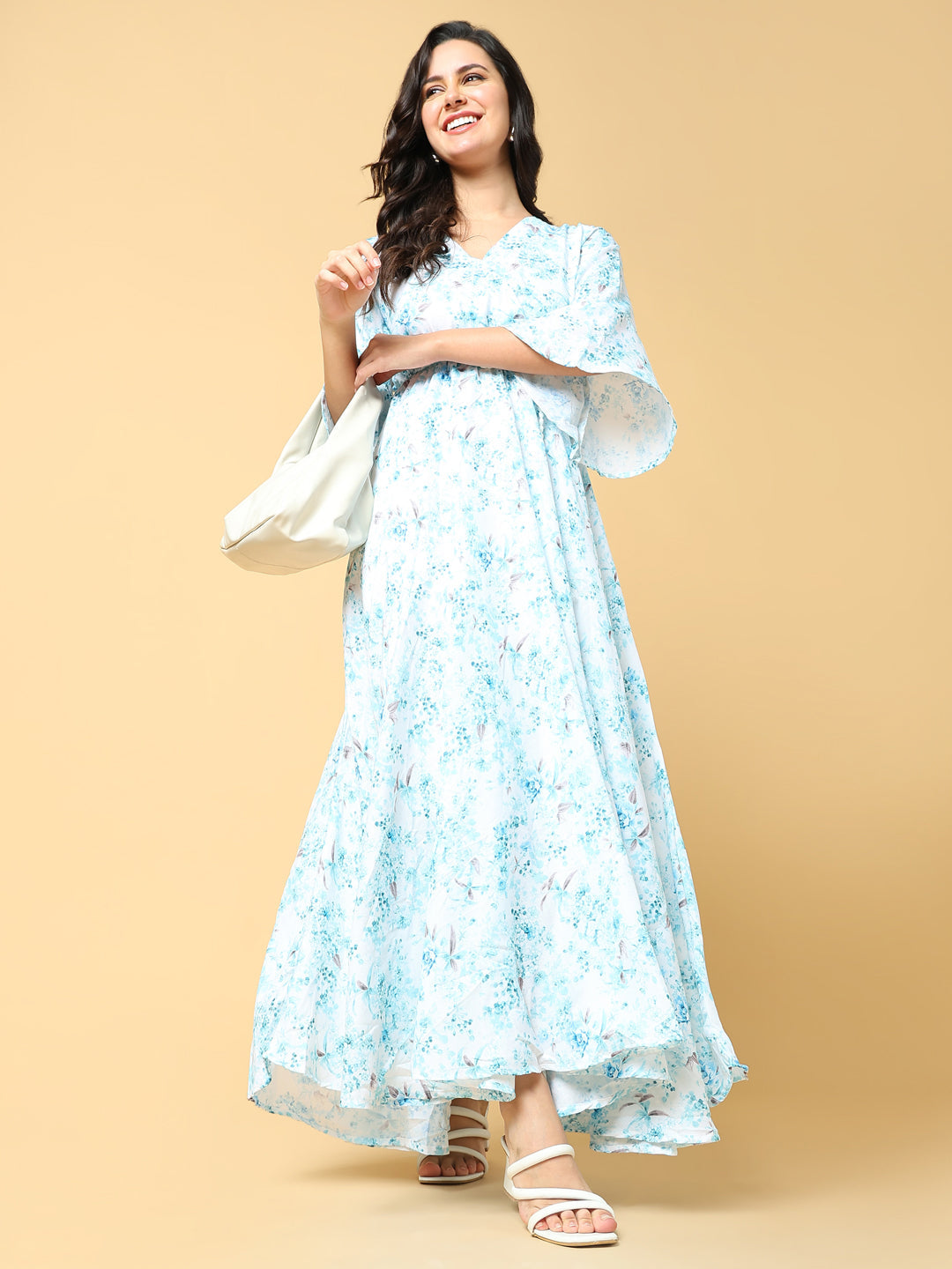 Women's Blue Floral Printed V-neck Bell Sleeve Fit & Flare Maxi Dress