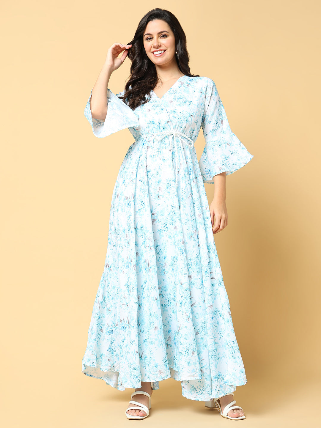 Women's Blue Floral Printed V-neck Bell Sleeve Fit & Flare Maxi Dress