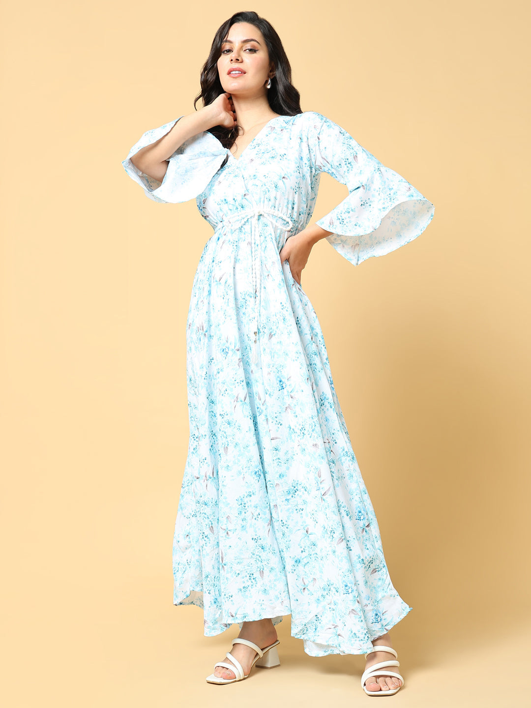 Women's Blue Floral Printed V-neck Bell Sleeve Fit & Flare Maxi Dress