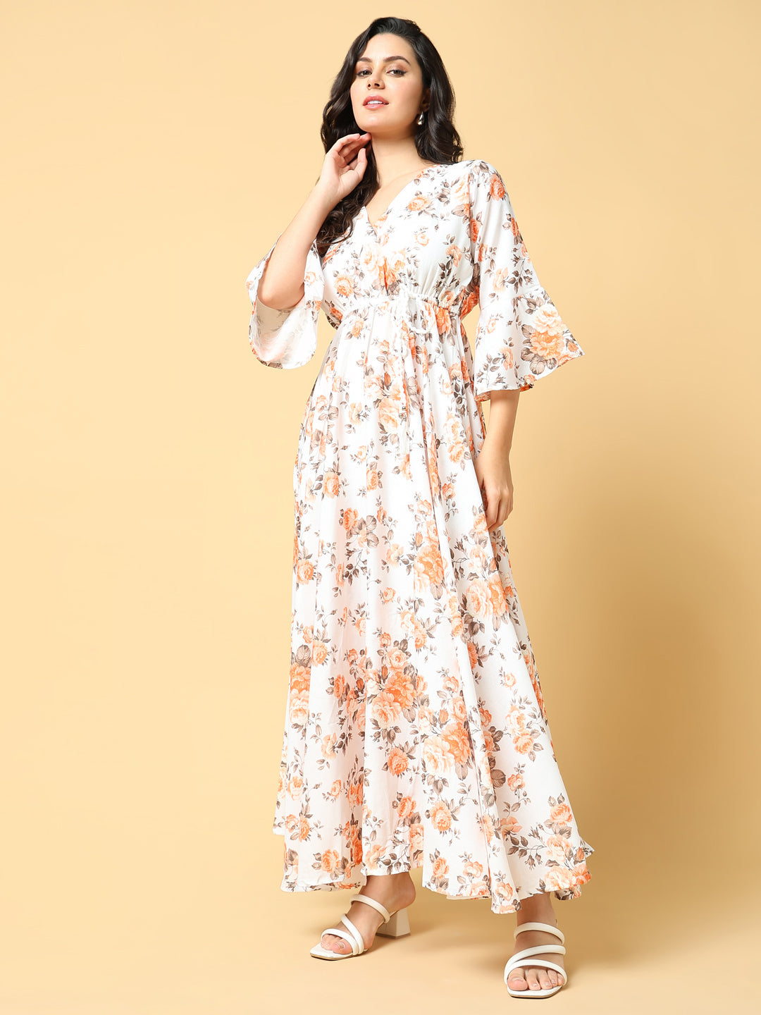 Women's Orange Floral Print Bell Sleeve Fit & Flare Maxi Dress