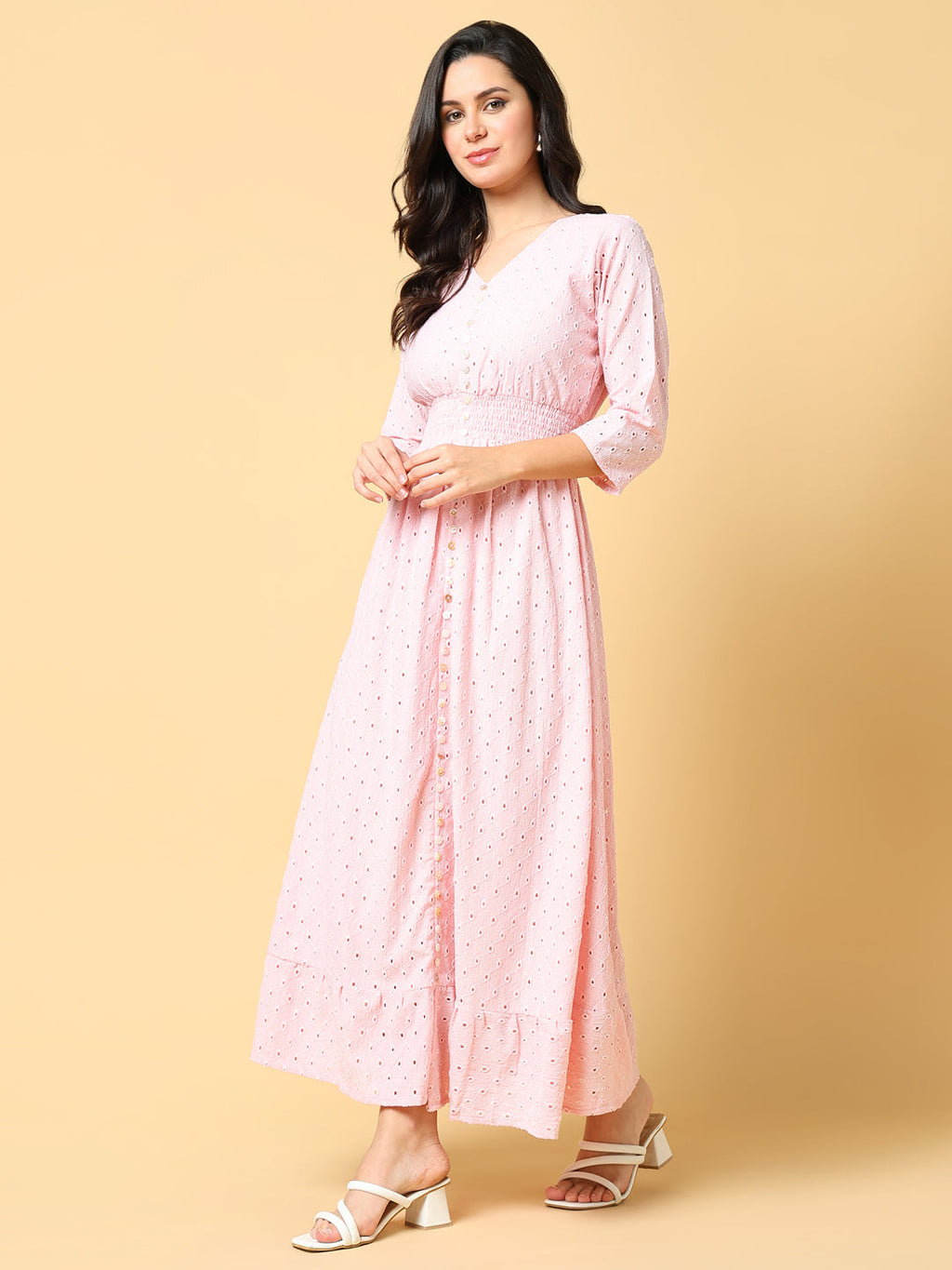 Women's Pink V-neck Fit & Flare Maxi Dress