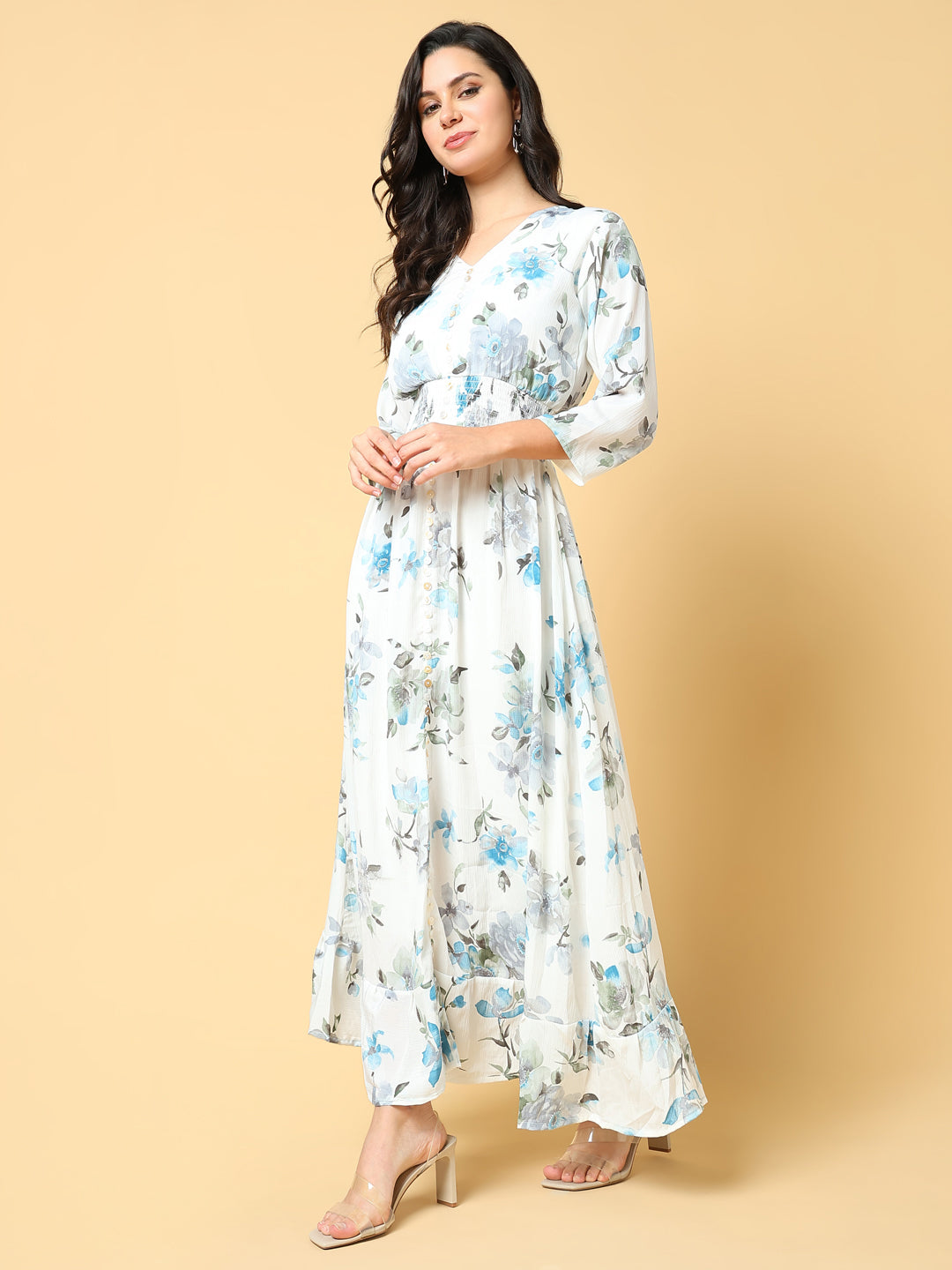 Women's Blue Floral Print Fit & Flare Maxi Dress