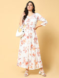 Women's Peach Floral Printed Fit & Flare Maxi Dress