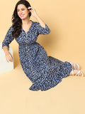 Women's Navy Blue Floral Printed V-neck Fit & Flare Midi Dress