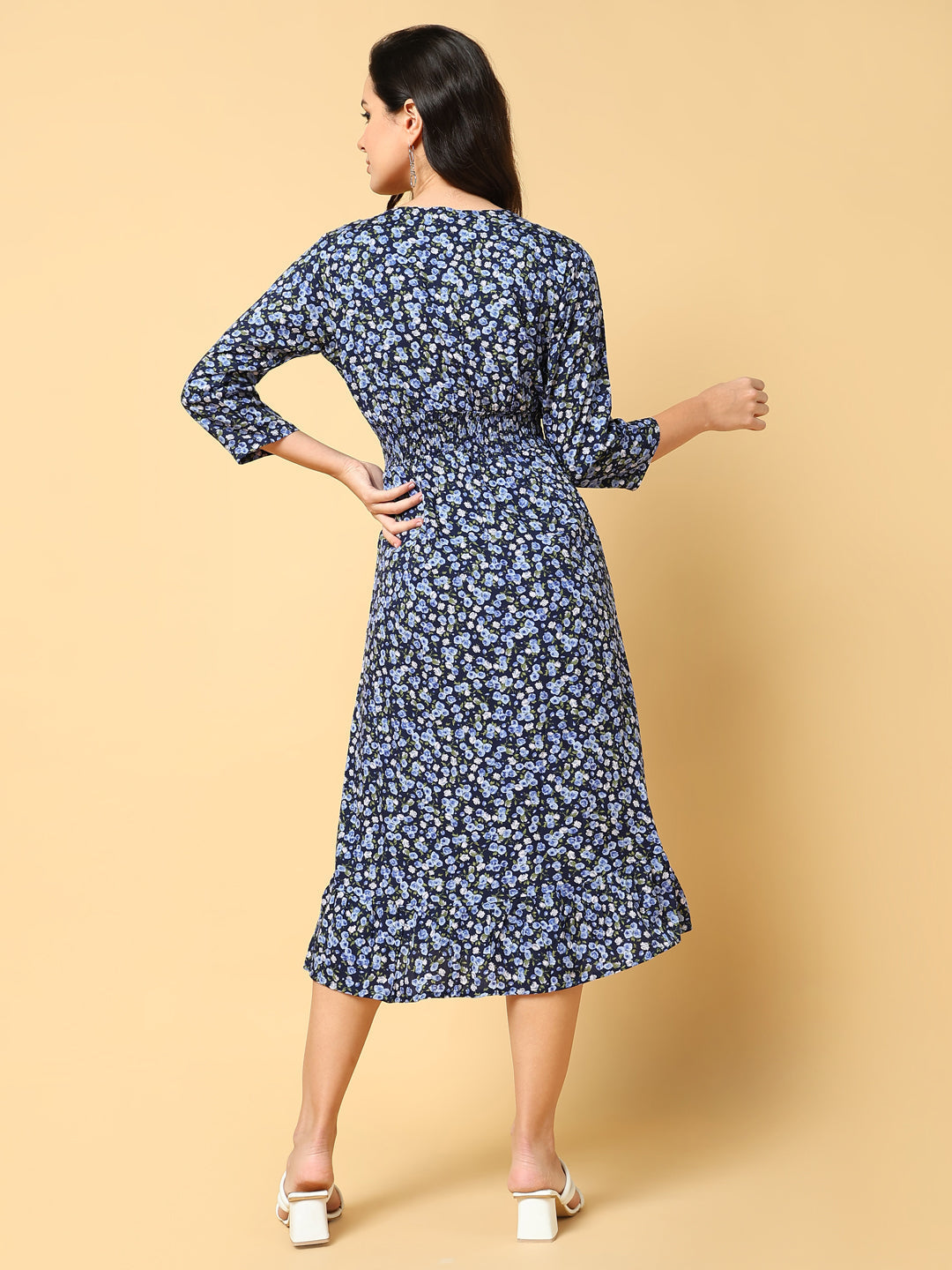 Women's Navy Blue Floral Printed V-neck Fit & Flare Midi Dress