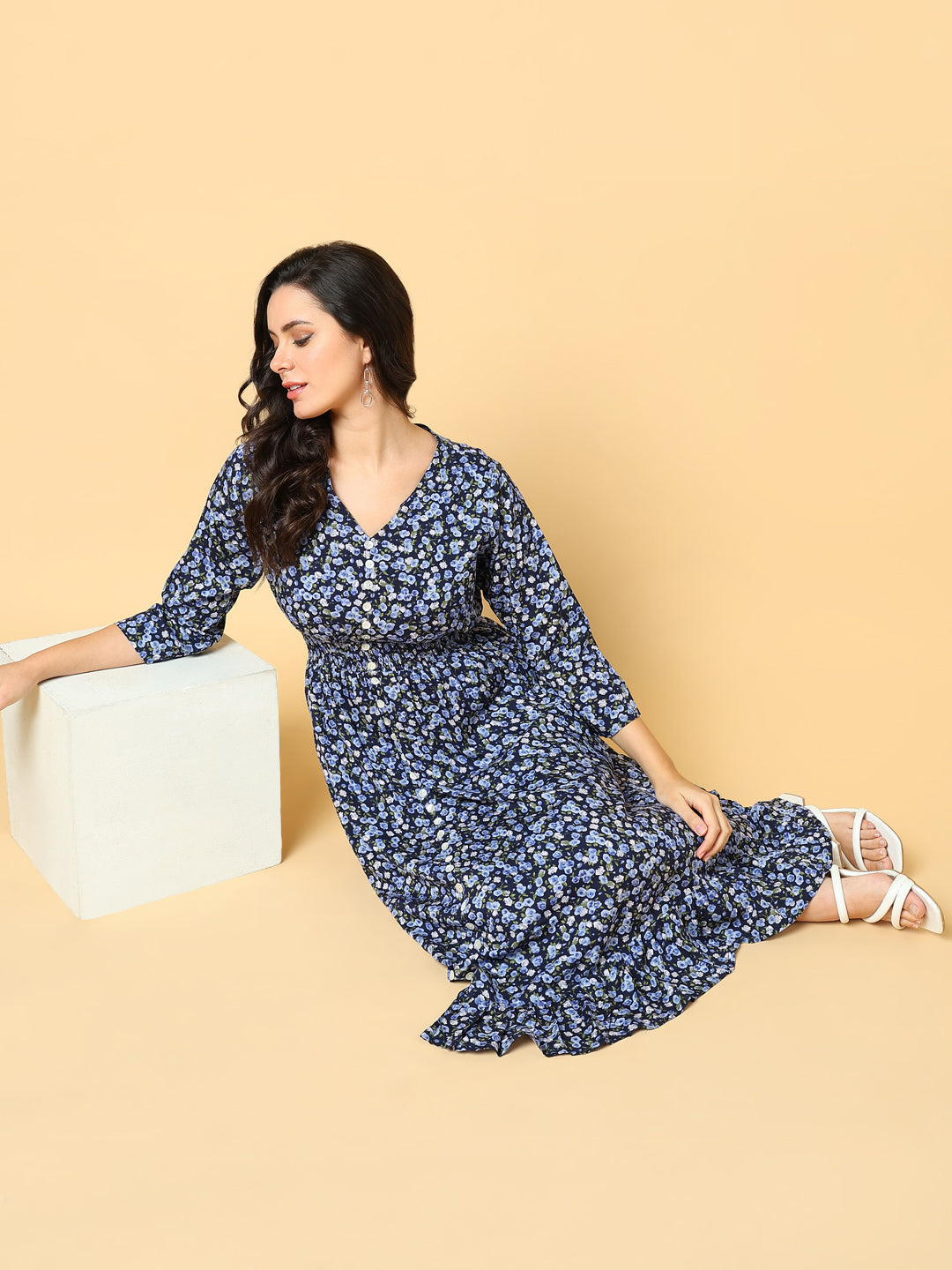 Women's Navy Blue Floral Printed V-neck Fit & Flare Midi Dress