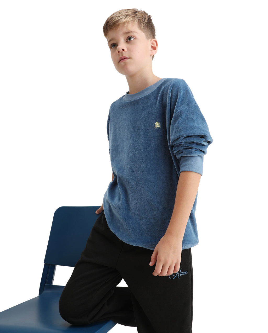 Rare Ones Kids Ellis Dusky Blue Cotton Pull On Crew Neck Full Sleeves Boxy Fit Sweatshirt