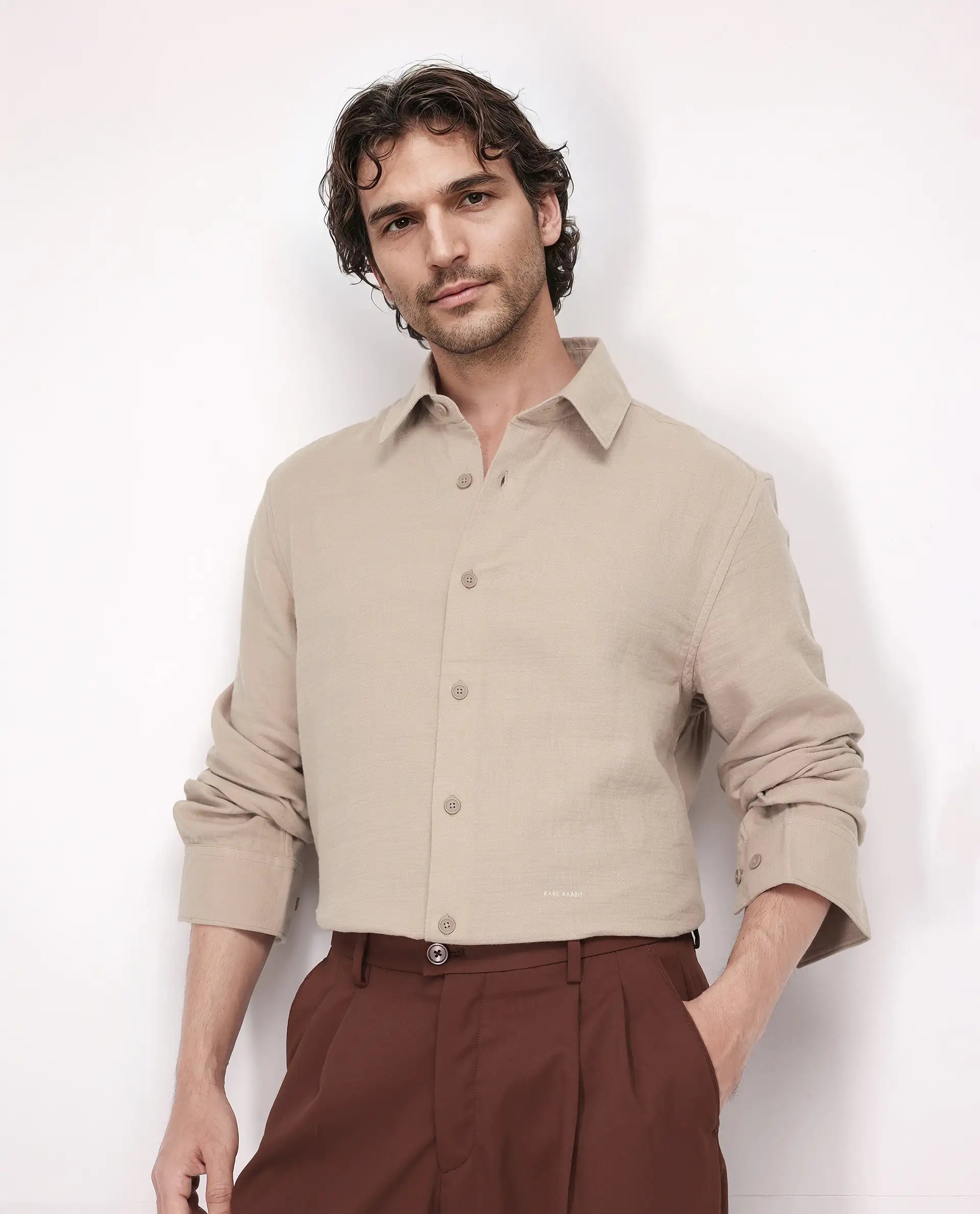 Rare Rabbit Men's Enim Beige Cotton Plain Relaxed Fit Full Sleeve Spread Collar Shirt