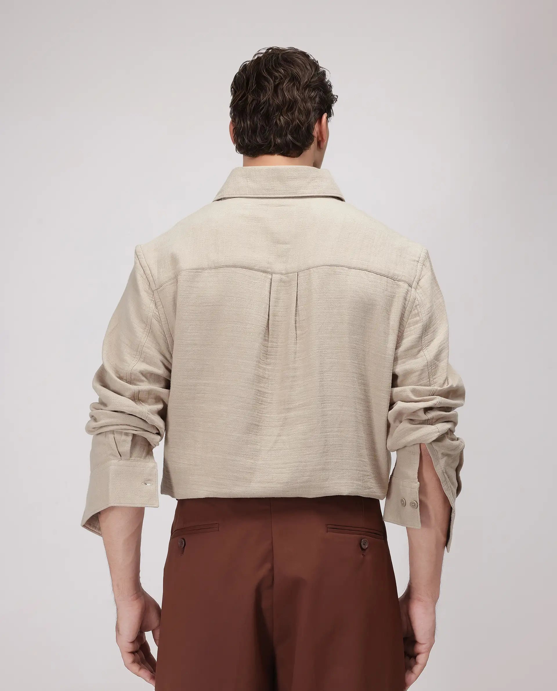 Rare Rabbit Men's Enim Beige Cotton Plain Relaxed Fit Full Sleeve Spread Collar Shirt