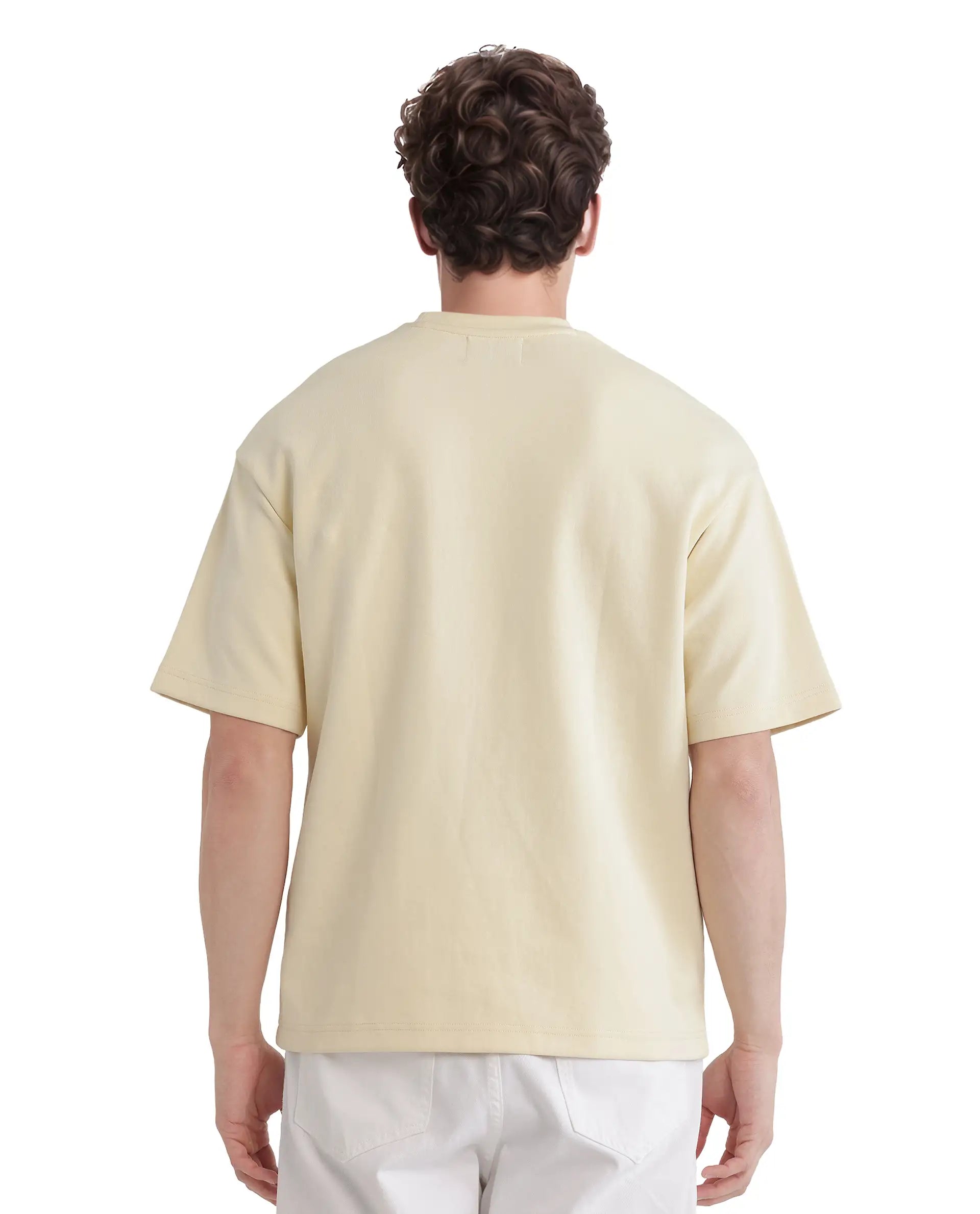 Rare Rabbit Men's Enoxo Pastel Yellow Cotton Blend Embroidered Oversized Fit Half Sleeve Crew Neck T-Shirt